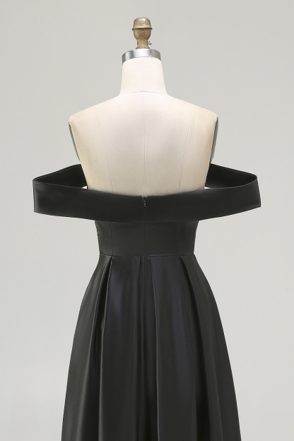 Black Satin A Line Off the Shoulder Long Formal Dress with Slit