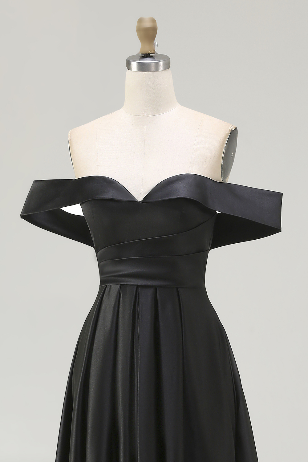 Black Satin A Line Off the Shoulder Long Formal Dress with Slit