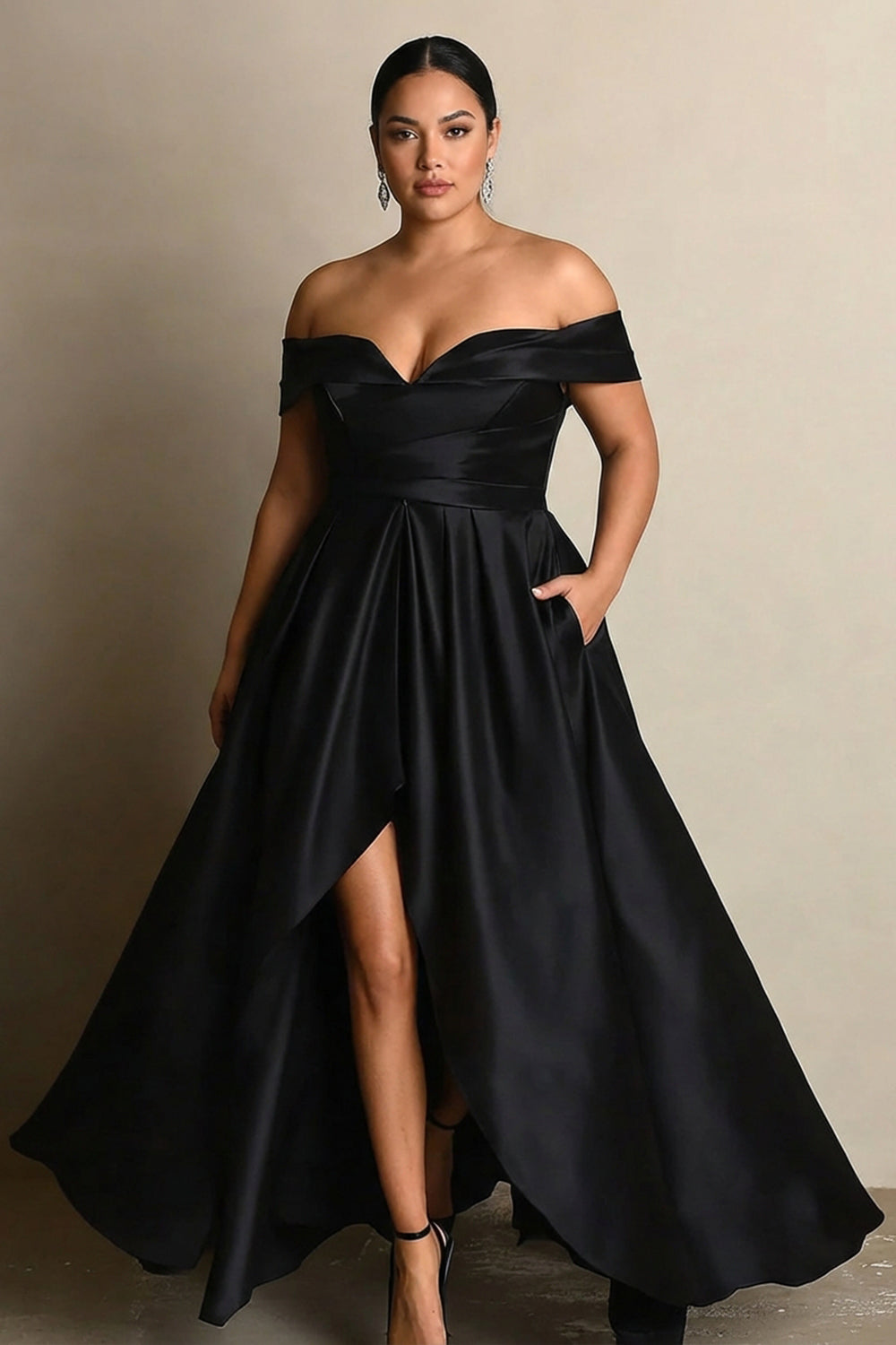 Black Satin Plus Size A Line Off the Shoulder Long Formal Dress with Slit