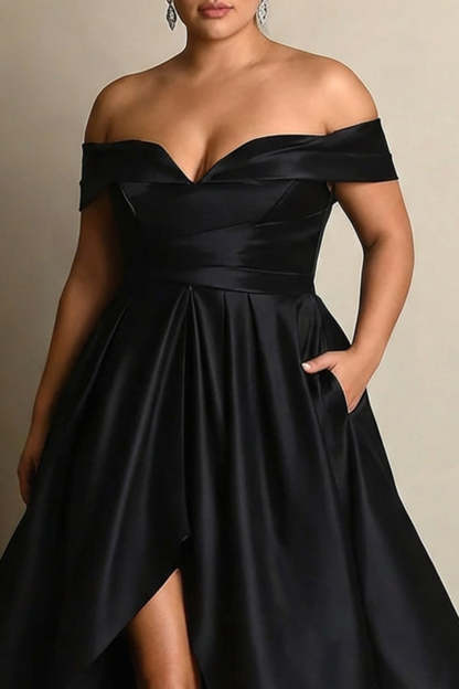 Black Satin Plus Size A Line Off the Shoulder Long Formal Dress with Slit