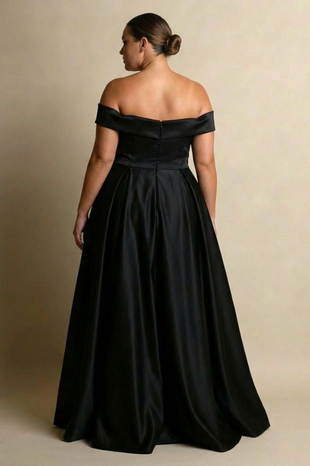 Black Satin Plus Size A Line Off the Shoulder Long Formal Dress with Slit