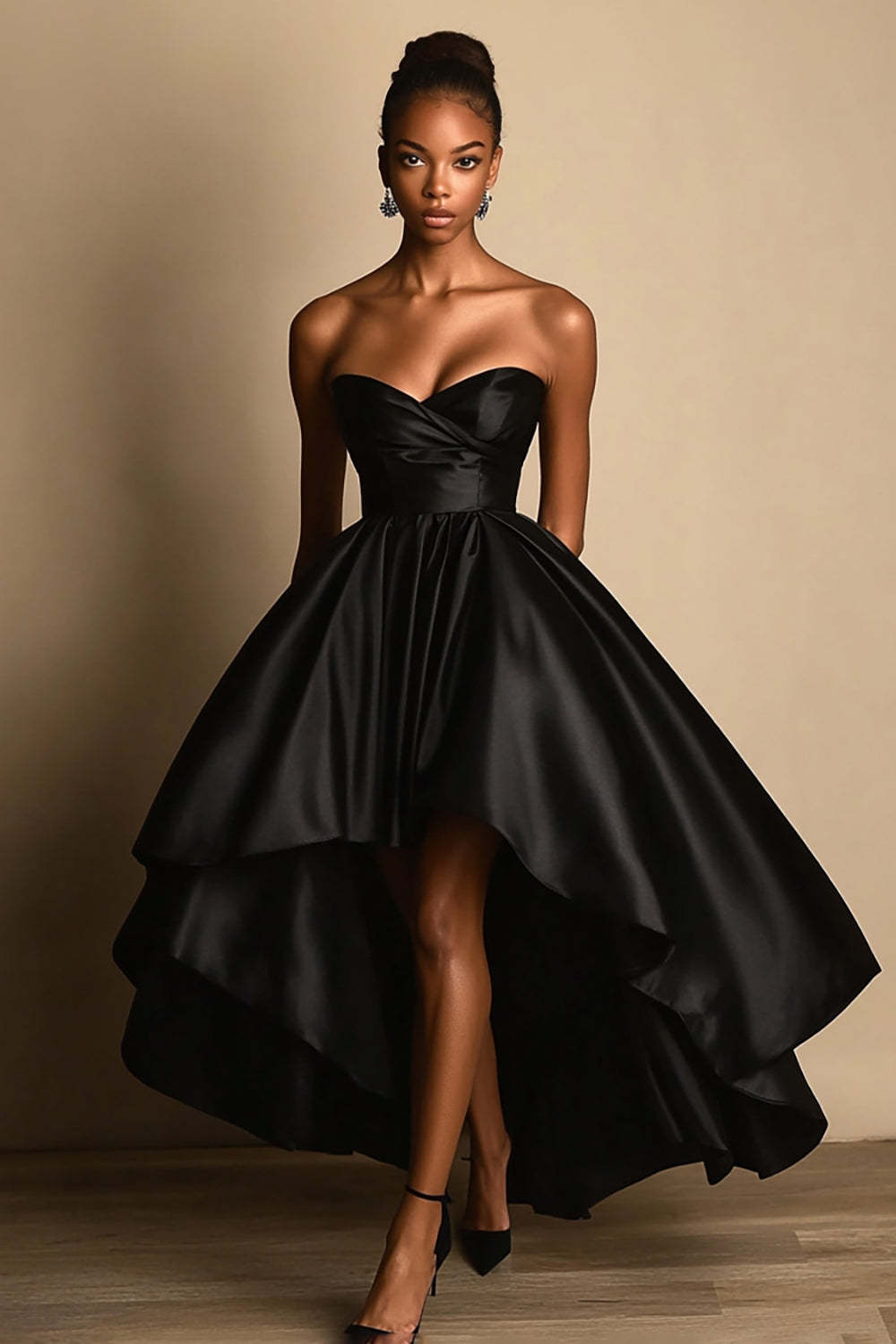 Leely Women Black Satin Ball Gown Formal Dress Sweetheart High-Low Black Tie Dress