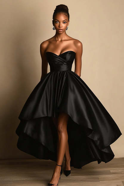 Leely Women Black Satin Ball Gown Formal Dress Sweetheart High-Low Black Tie Dress