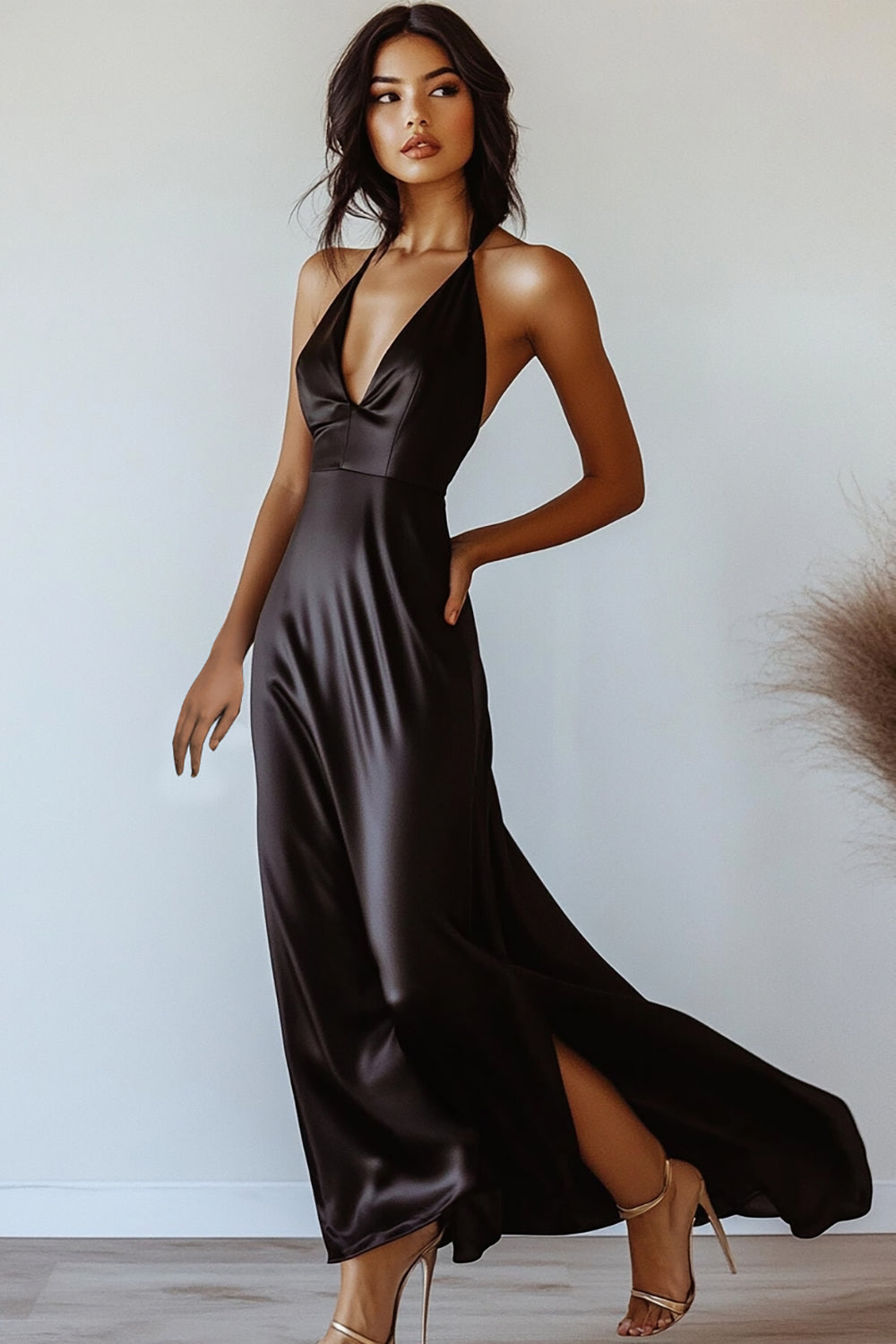 Black Sheath V-Neck Satin Maxi Formal Dress wirh Slit