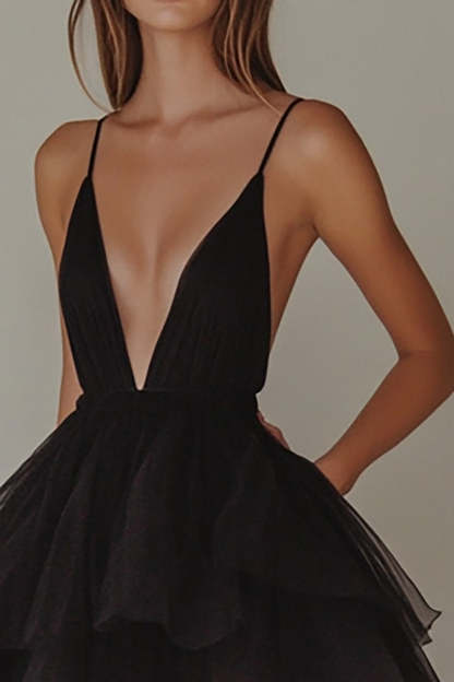 Black Tiered V-Neck A Line Tulle High-Low Graduation Dress