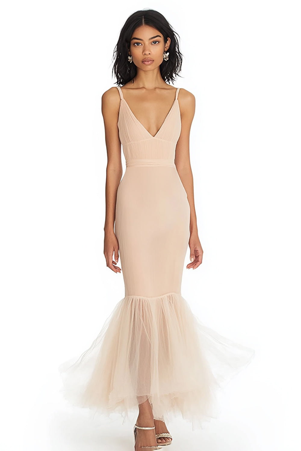 Leely Women Champagne V-Neck Maxi Formal Dress Mermaid Sleeveless Wedding Guest Dress