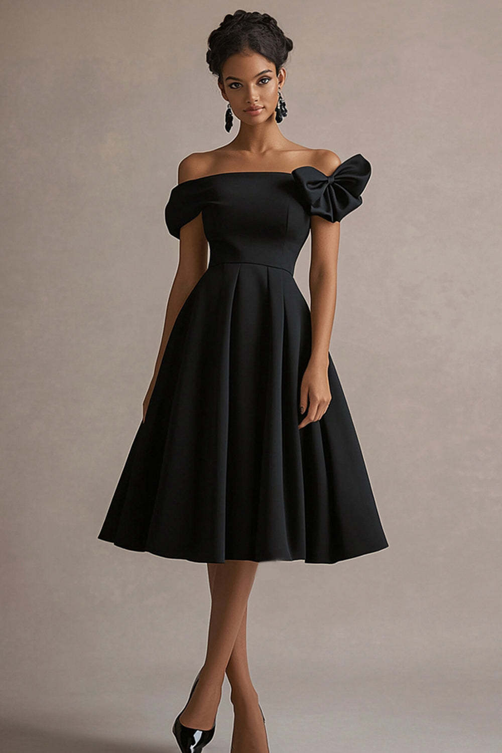 Leely Women Black Satin Midi Formal Dress with Bow A Line Off the Shoulder Black Tie Dress