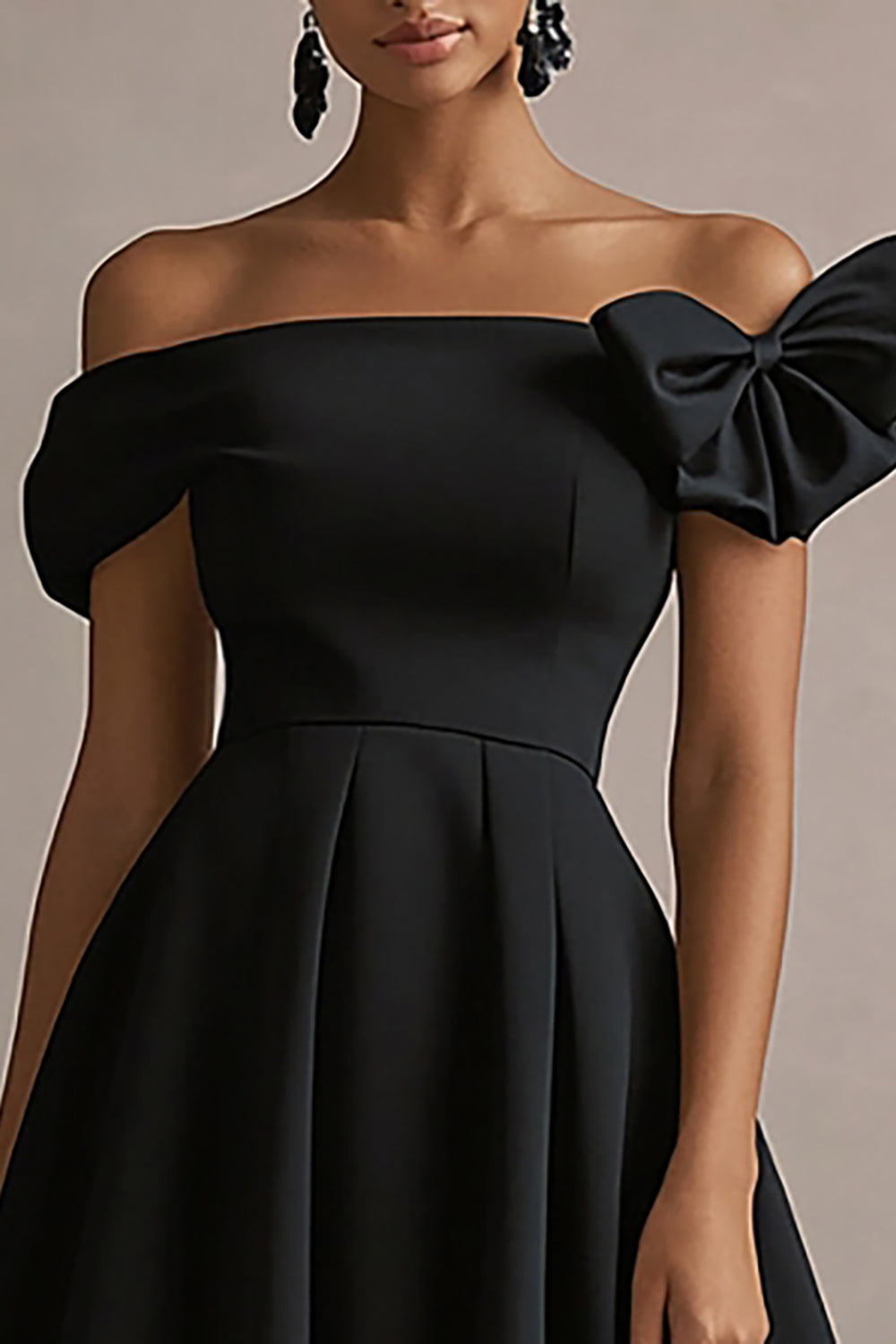 Black Off the Shoulder Satin A Line Midi Formal Dress with Bow