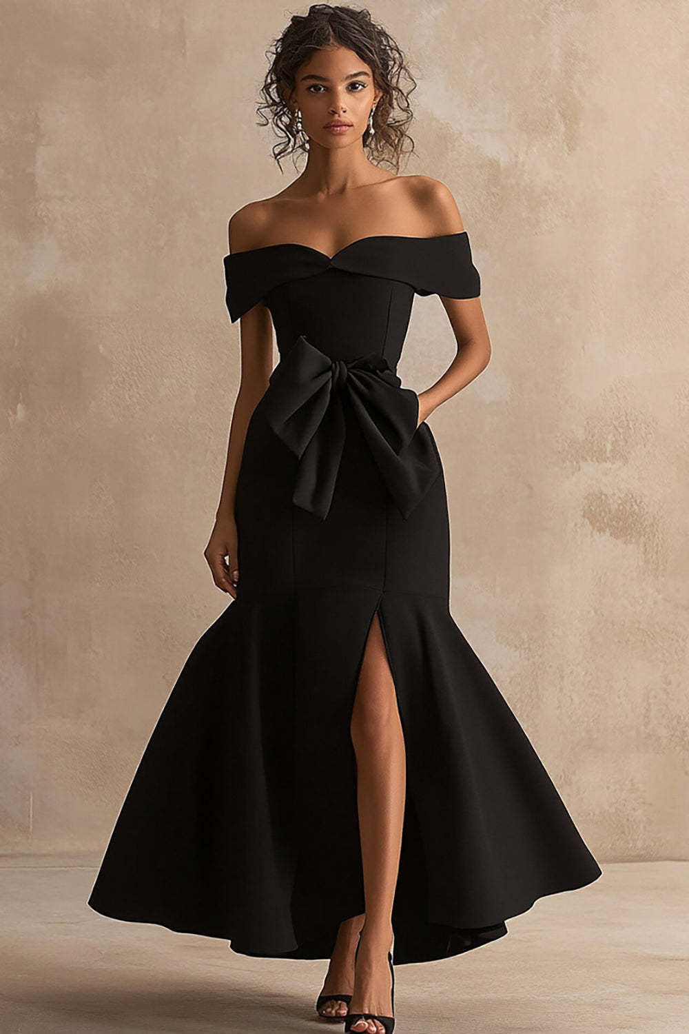 Leely Women Black Satin Maxi Formal Dress with Slit Mermaid Off the Shoulder Black Tie Dress with Bow