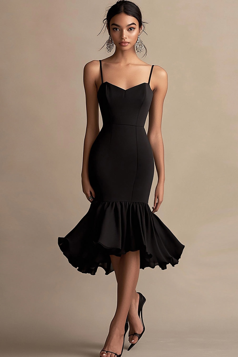 Leely Women Black Satin Midi Cocktail Dress with Ruffles Spaghetti Straps Mermaid Black Tie Dress
