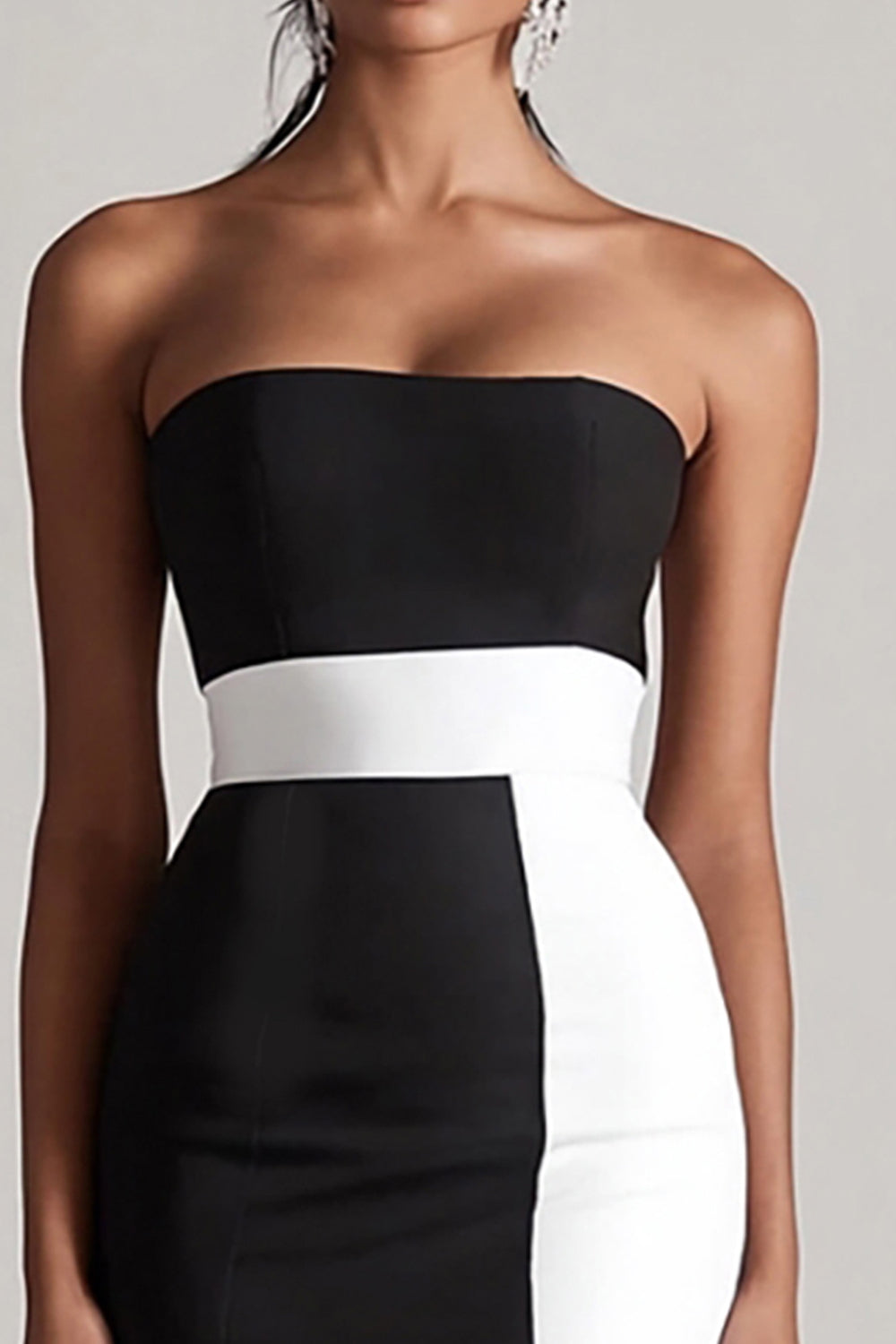 Black and White Satin Bodycon Strapless Mini Graduation Dress