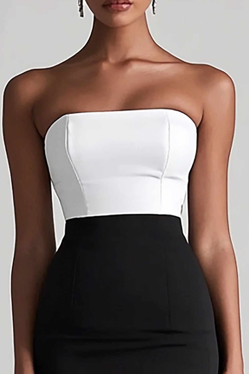 Black and White Satin Strapless Bodycon Short Graduation Dress with Slit