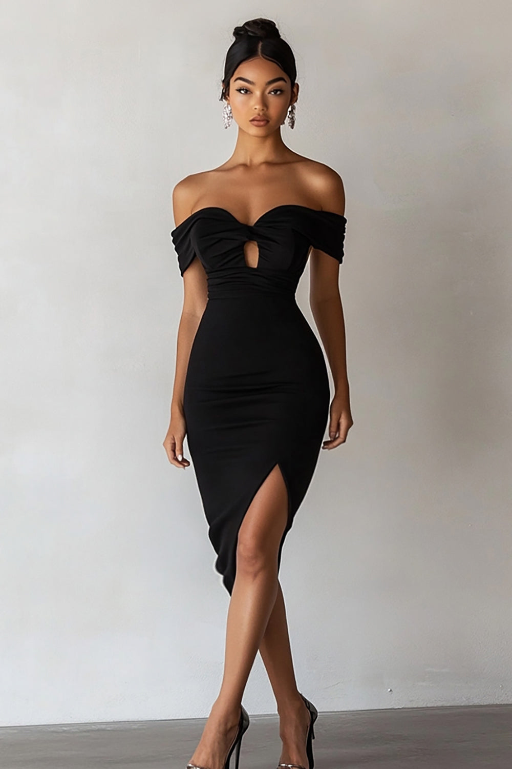 Black Bodycon Off the Shoulder Midi Graduation Dress with Keyhole