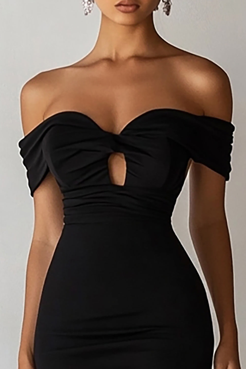 Black Bodycon Off the Shoulder Midi Graduation Dress with Keyhole