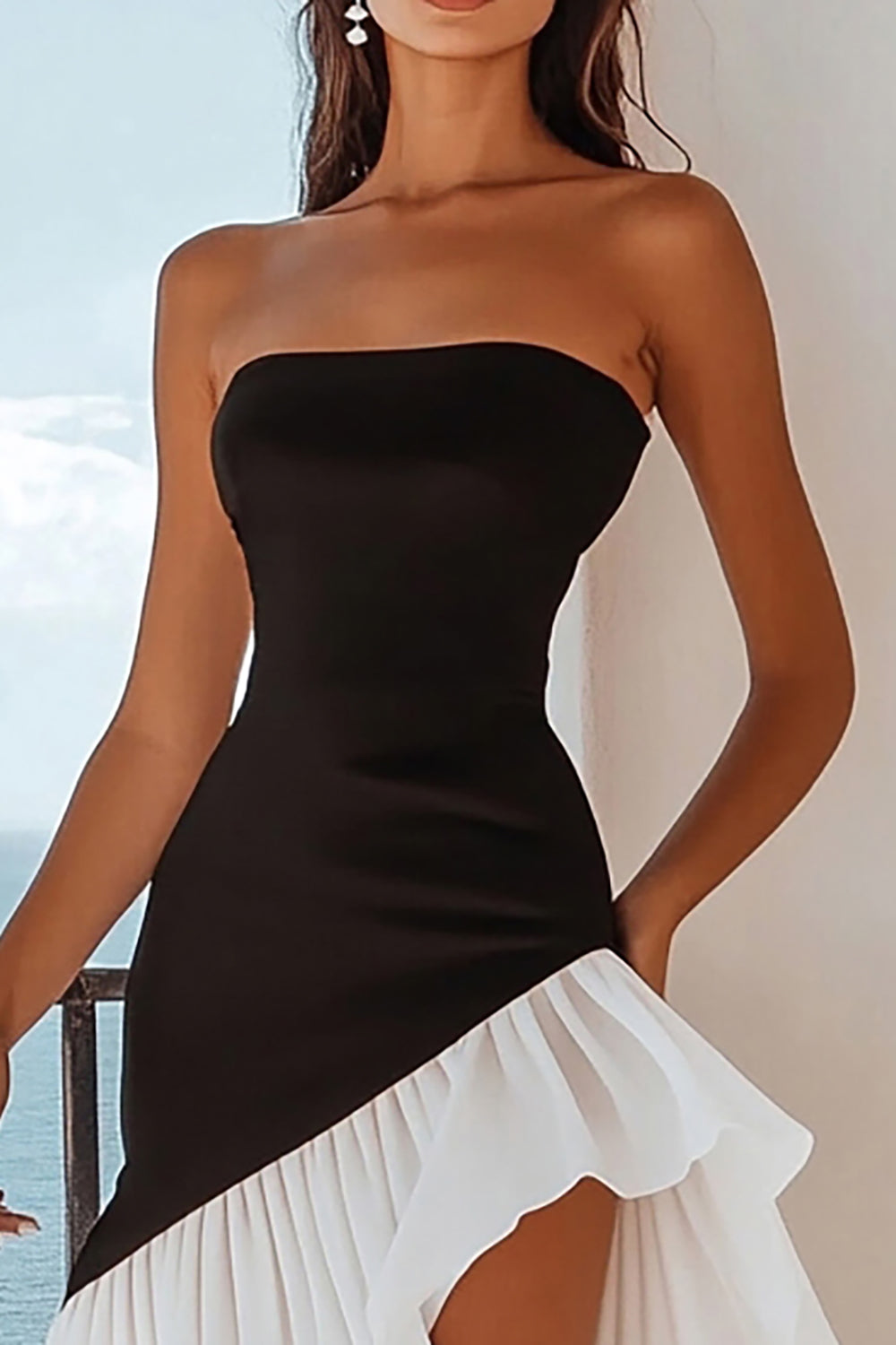 Black and White Strapless A Line Asymmetrical Graduation Dress with Ruffles