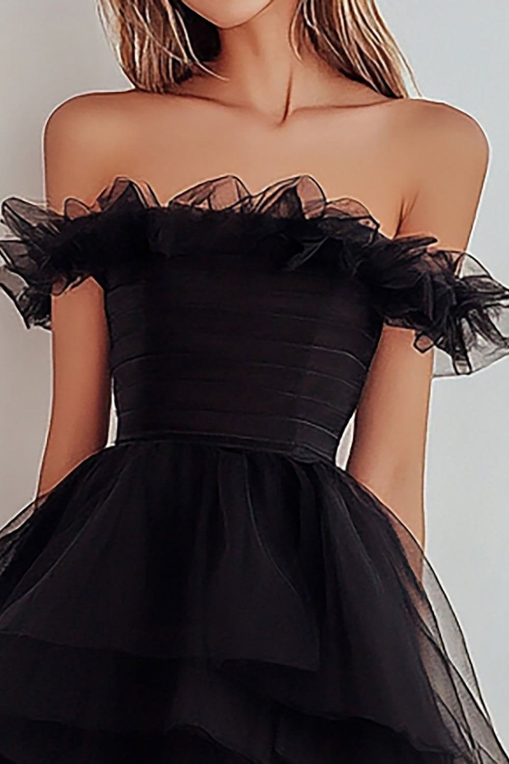 Black Tulle Off the Shoulder A Line Ruffled Mini Graduation Dress