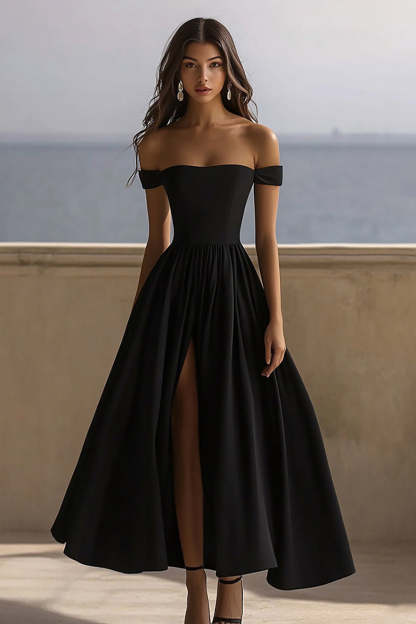 Leely Women Black Satin Maxi Formal Dress with Slit A Line Off the Shoulder Black Tie Dress