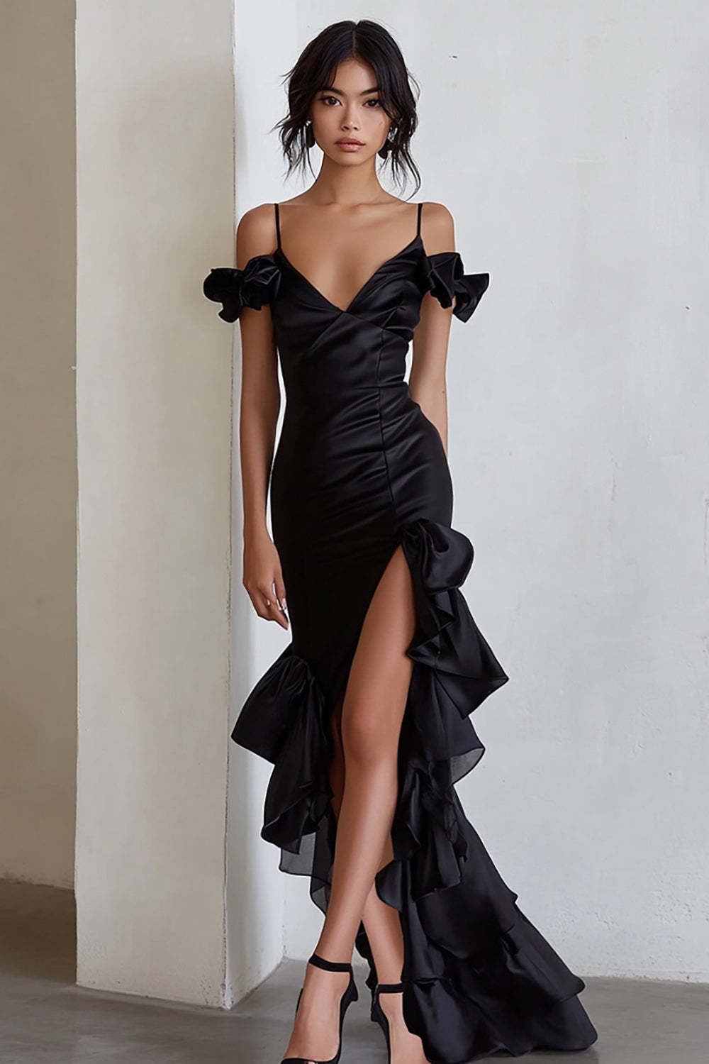 Leely Women Black Satin Maxi Formal Dress with Slit Ruffled Cold Shoulder Black Tie Dress