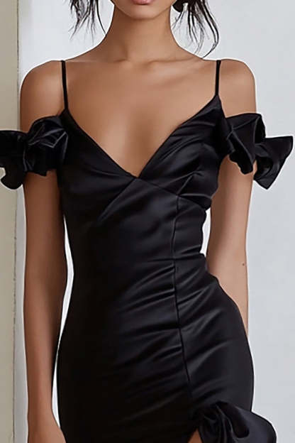 Black Satin Cold Shoulder Maxi Formal Dress with Ruffles