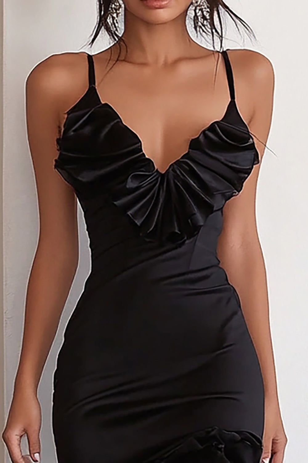 Black Satin Spaghetti Straps Ruffled High-Low Cocktail Dress