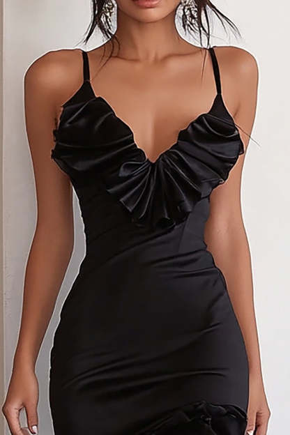 Black Satin Spaghetti Straps Ruffled High-Low Cocktail Dress