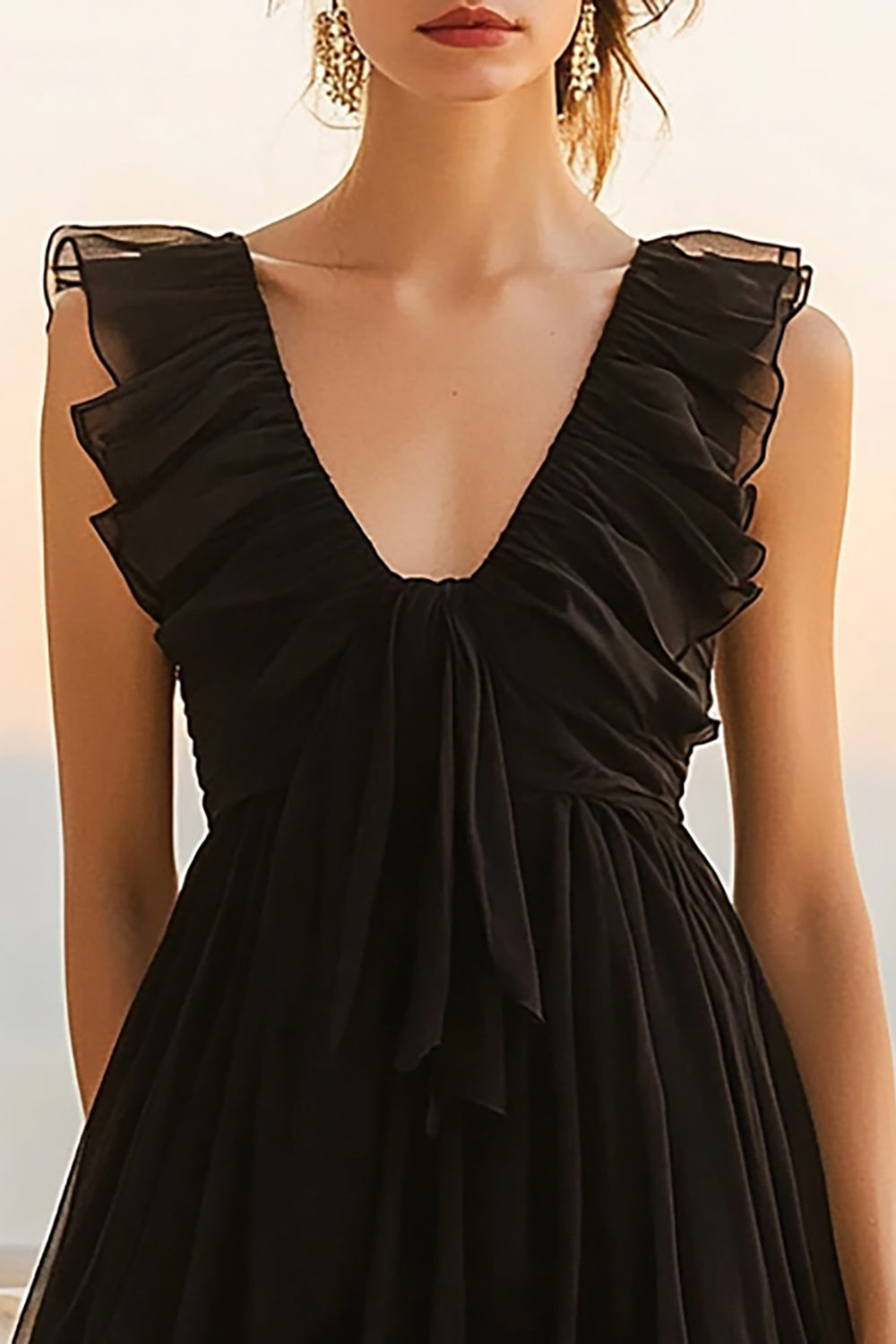 Black Organza A Line Ruffled V-Neck Short Graduation Dress
