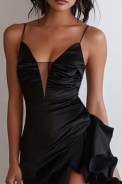 Black Spaghetti Straps Ruffled Asymmetrical Formal Dress