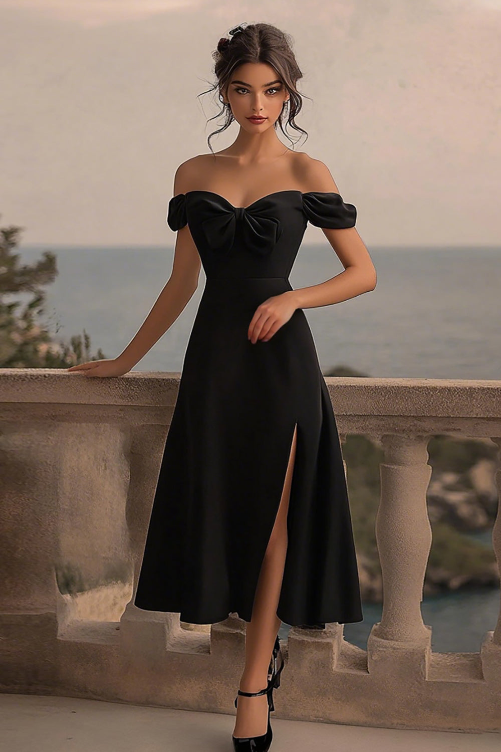 Black Satin A Line Off the Shoulder Midi Formal Dress with Bow
