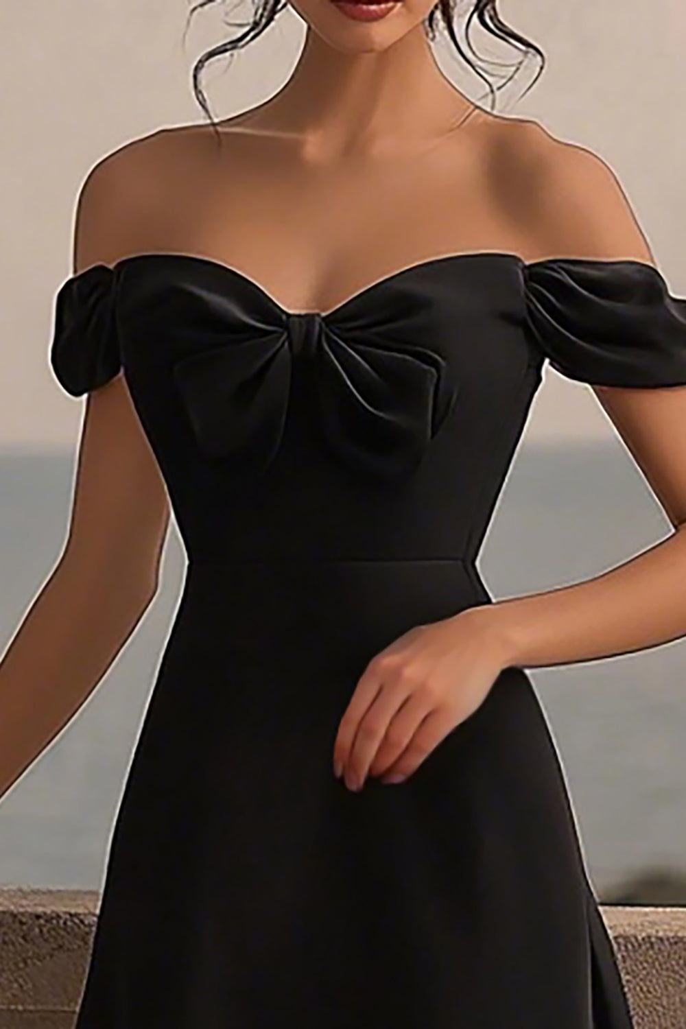 Black Satin A Line Off the Shoulder Midi Formal Dress with Bow