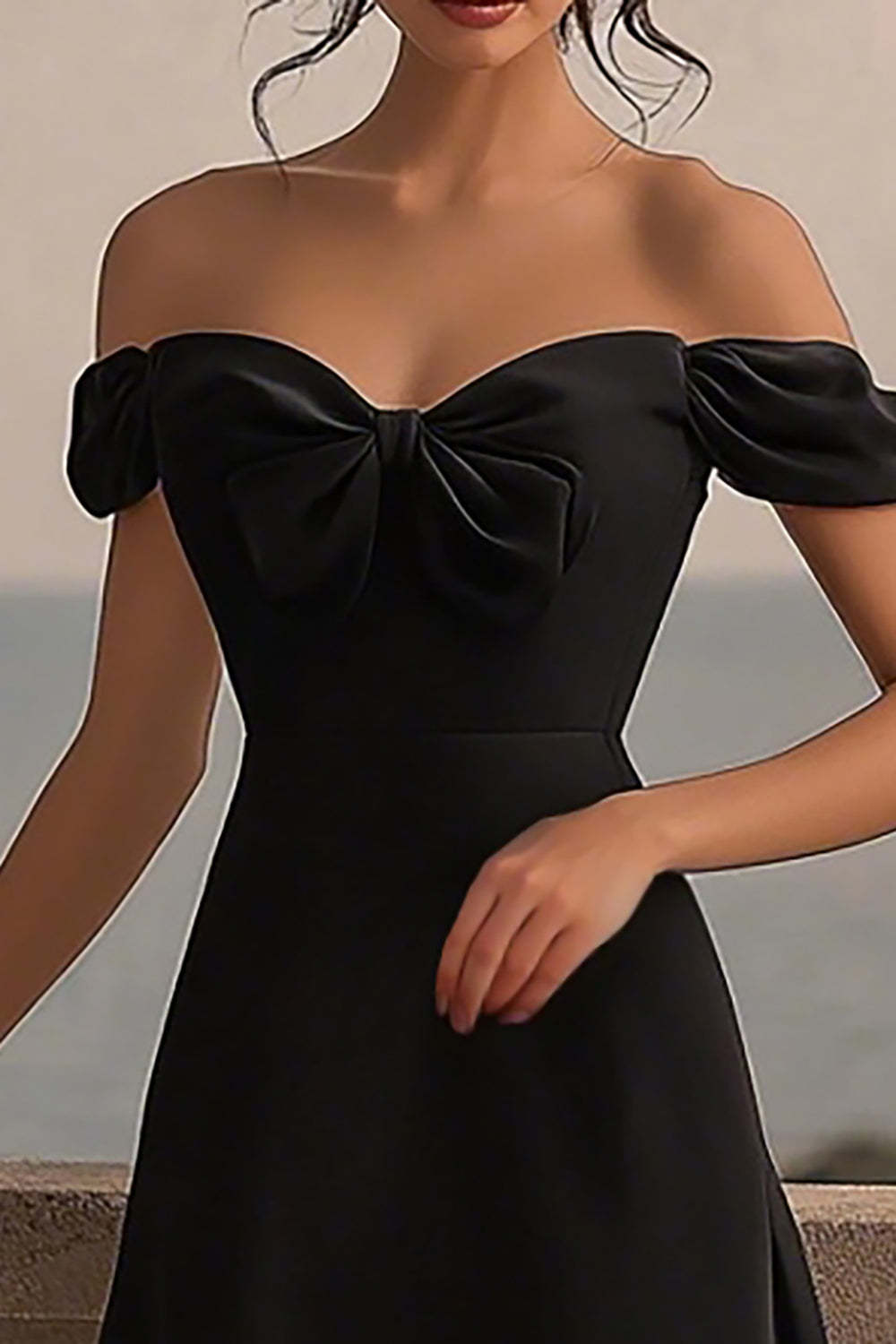 Black Satin A Line Off the Shoulder Midi Formal Dress with Bow