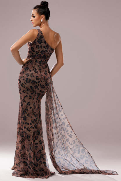 Brown Leopard Print Mermaid Ruched Maxi Prom Dress with Slit