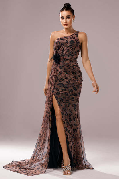 Brown Leopard Print Mermaid Ruched Maxi Prom Dress with Slit
