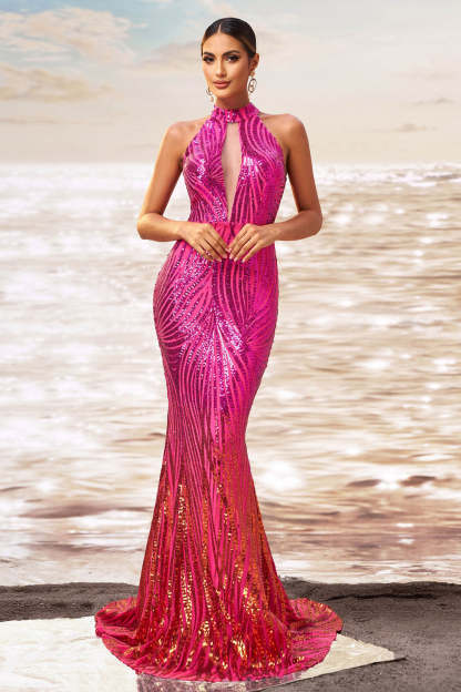 Sparkly Fuchsia Mermaid Sequin Maxi Prom Dress with Keyhole