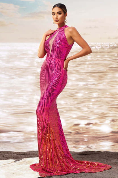 Sparkly Fuchsia Mermaid Sequin Maxi Prom Dress with Keyhole