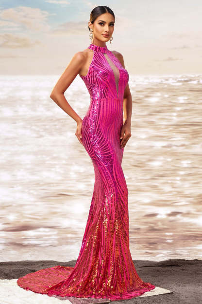 Sparkly Fuchsia Mermaid Sequin Maxi Prom Dress with Keyhole