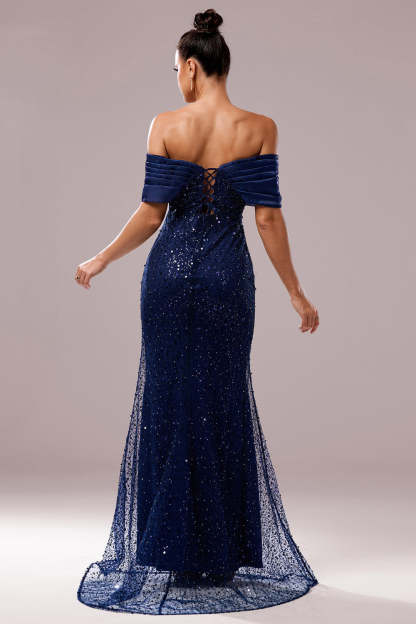 Sparkly Navy Sequin Mermaid Maxi Ruched Prom Dress