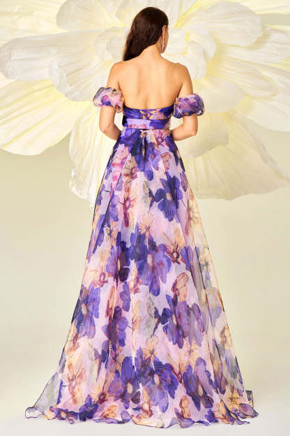 Purple Floral Print A Line Strapless Detachable Sleeves Maxi Prom Dress