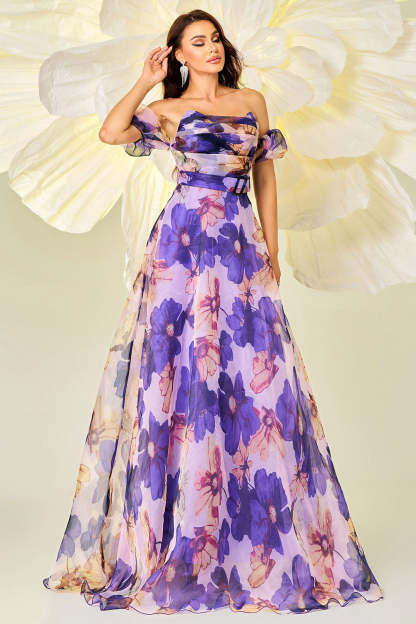 Purple Floral Print A Line Strapless Detachable Sleeves Maxi Prom Dress