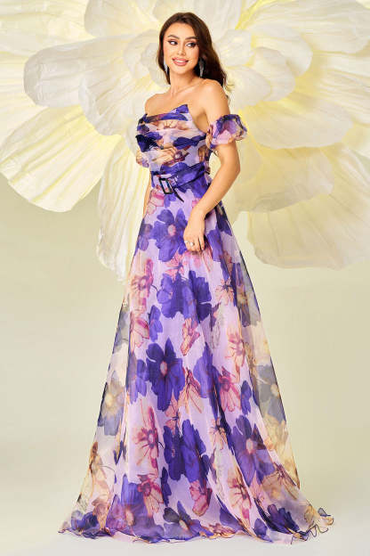 Purple Floral Print A Line Strapless Detachable Sleeves Maxi Prom Dress