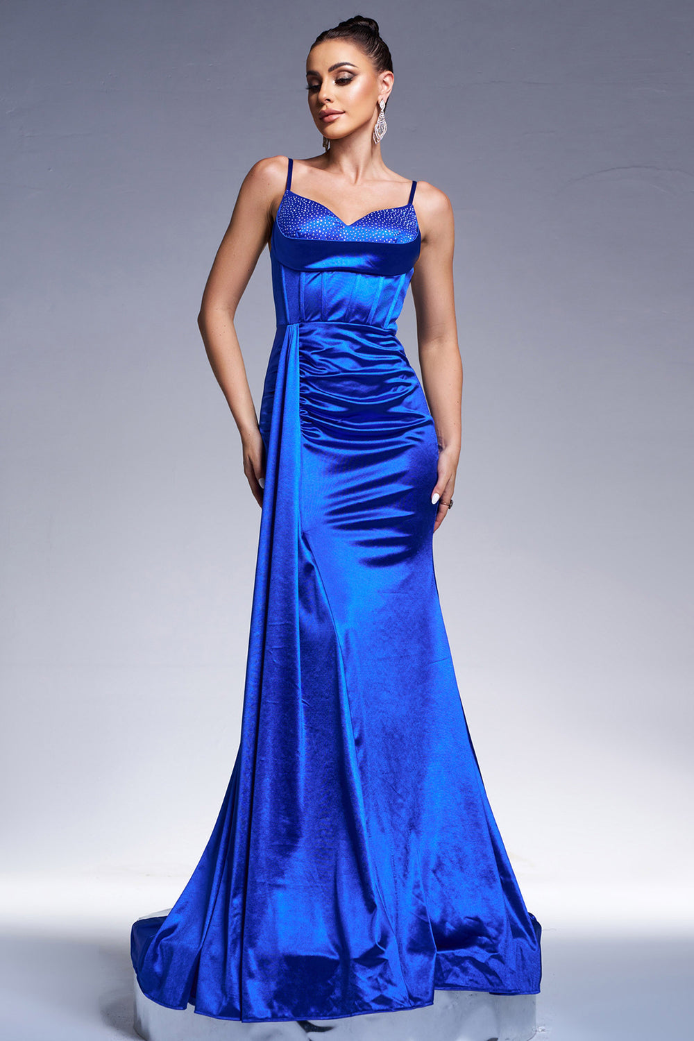Royal Blue Mermaid Corset Satin Maxi Prom Dress with Streamer