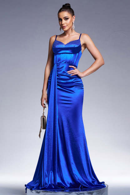 Royal Blue Mermaid Corset Satin Maxi Prom Dress with Streamer