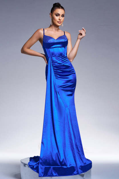 Royal Blue Mermaid Corset Satin Maxi Prom Dress with Streamer