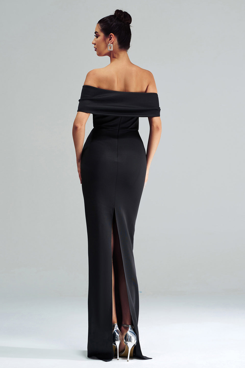 Black Mermaid Off the Shoulder Satin Maxi Prom Dress with Slit