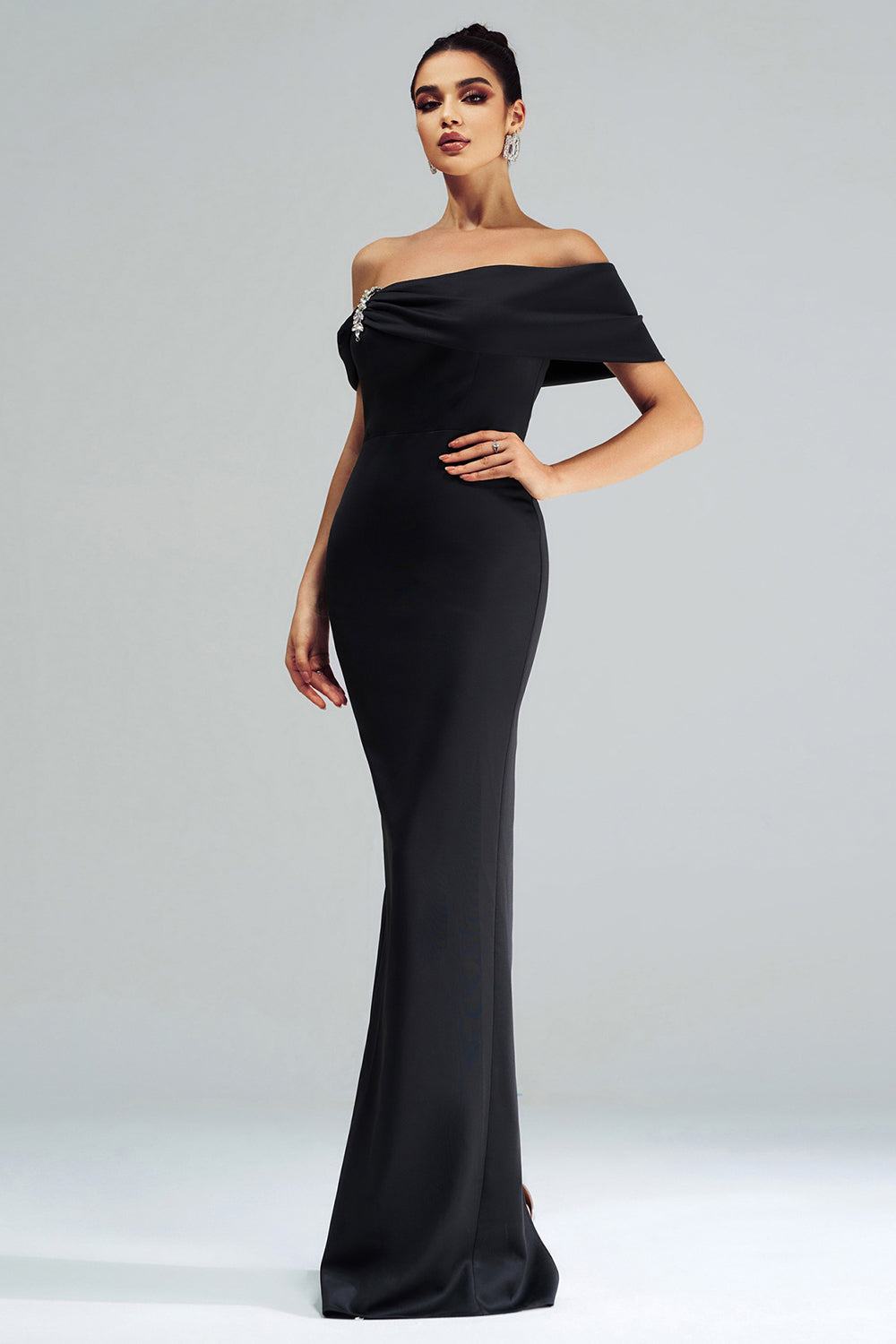 Black Mermaid Off the Shoulder Satin Maxi Prom Dress with Slit
