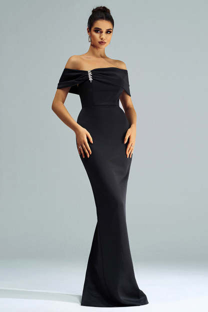Black Mermaid Off the Shoulder Satin Maxi Prom Dress with Slit