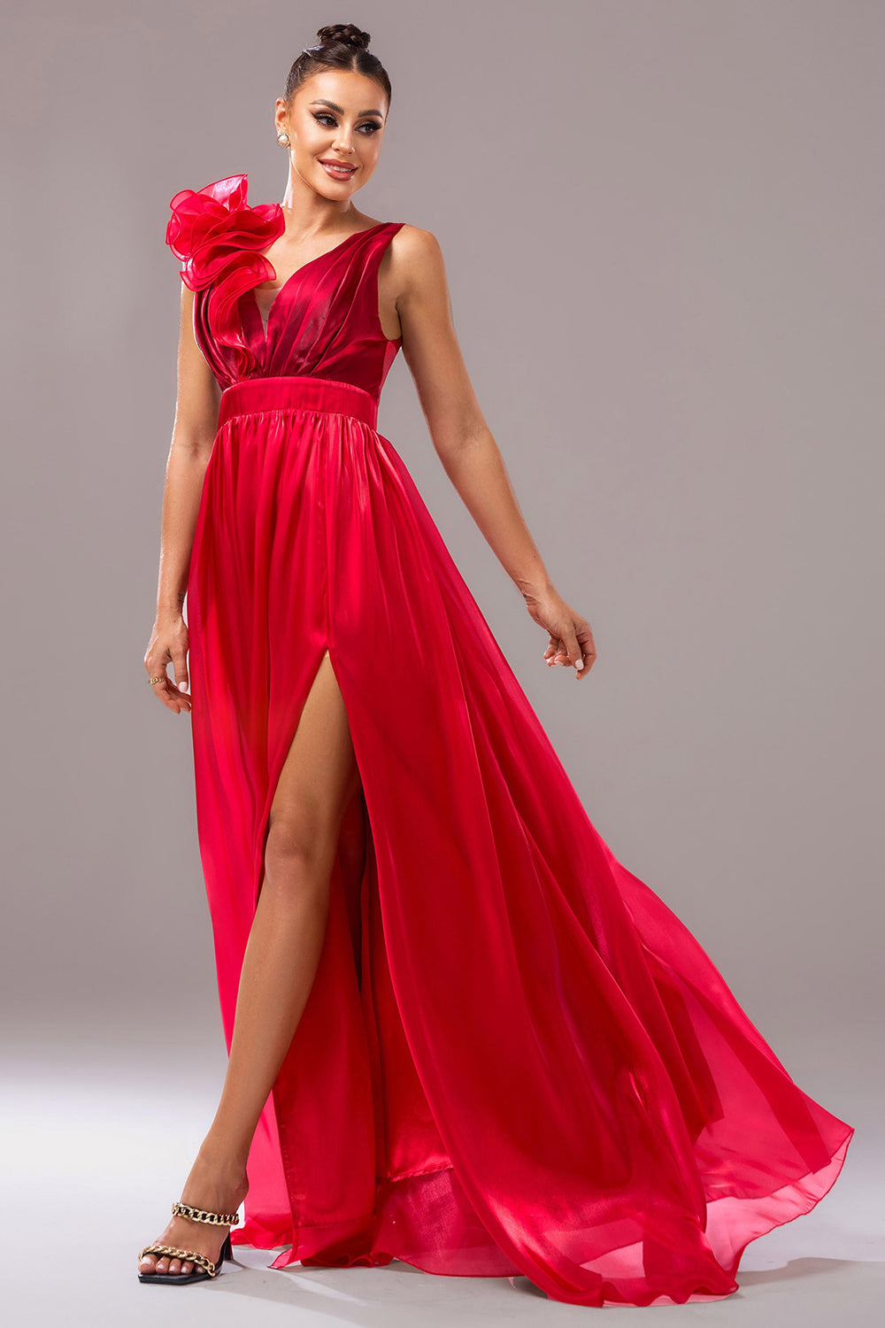 Red A Line V-Neck Organza Ruched Maxi Prom Dress with Slit