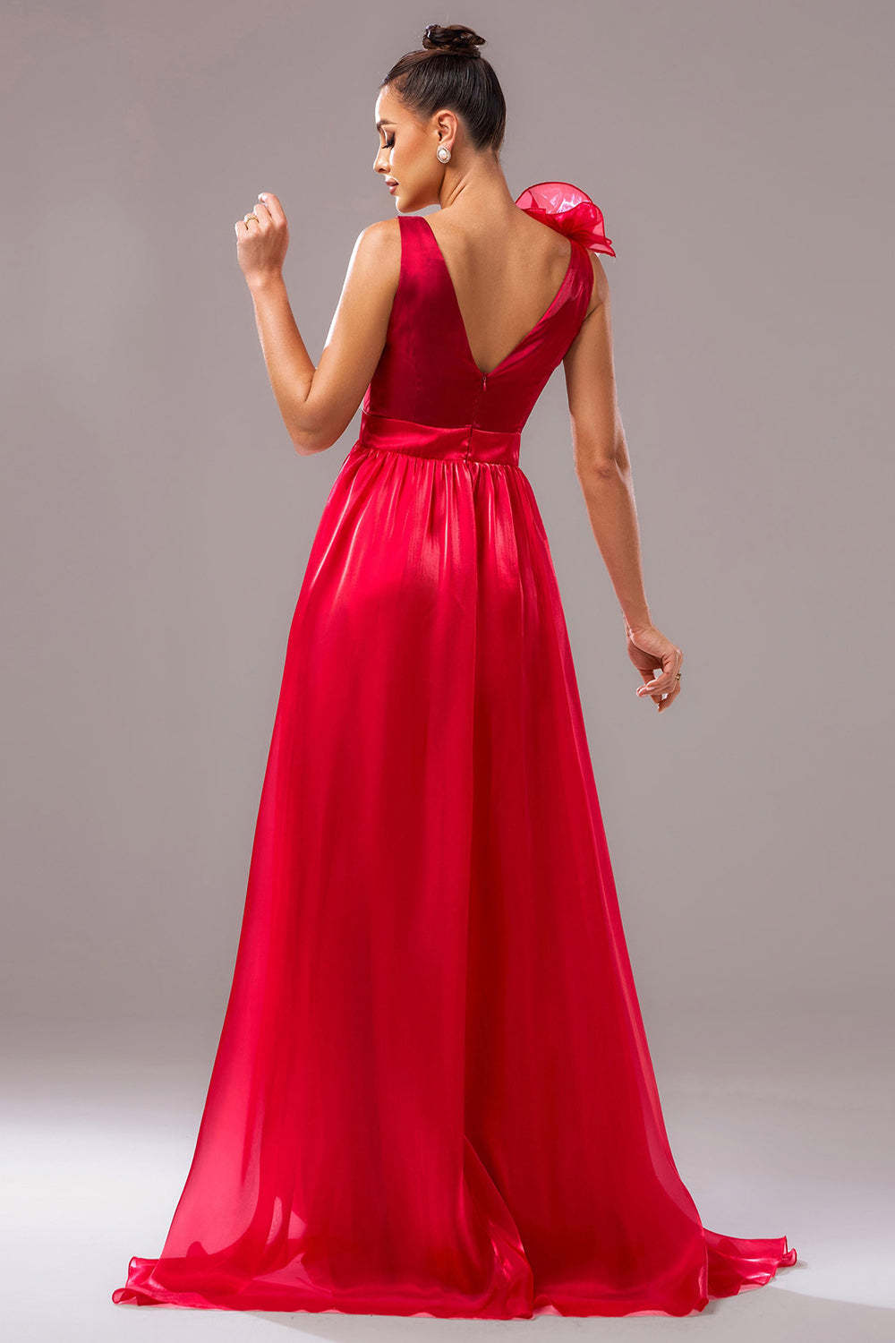 Red A Line V-Neck Organza Ruched Maxi Prom Dress with Slit