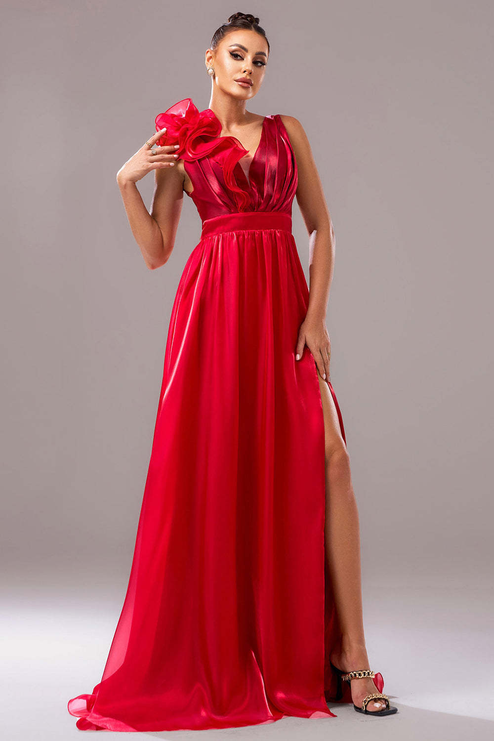Red A Line V-Neck Organza Ruched Maxi Prom Dress with Slit