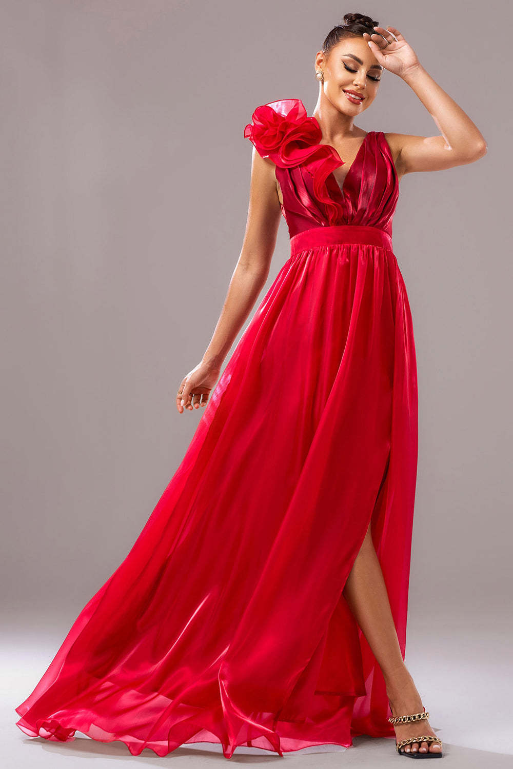 Red A Line V-Neck Organza Ruched Maxi Prom Dress with Slit