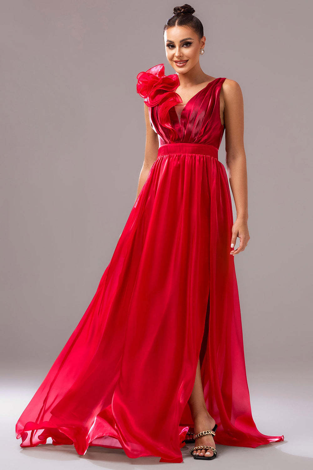 Red A Line V-Neck Organza Ruched Maxi Prom Dress with Slit